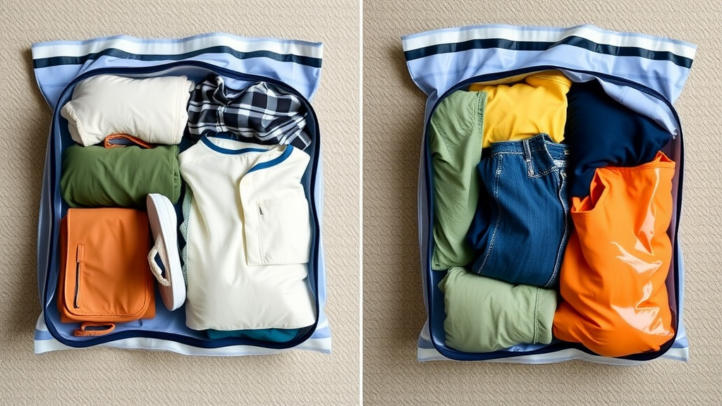 Before and after images of clothes packed in compression bags, showing significant space savings.