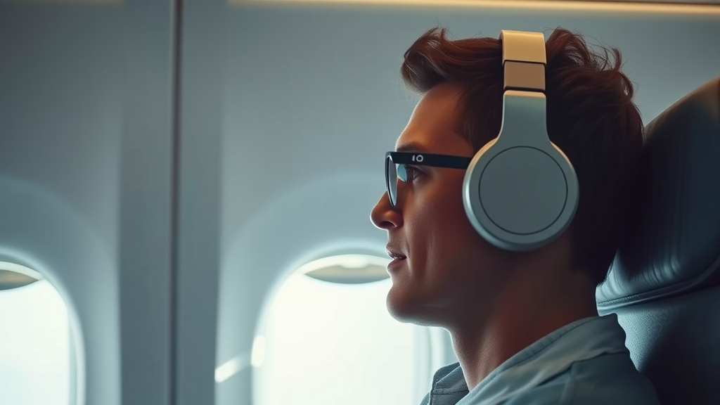 A person wearing noise-canceling headphones on an airplane, looking relaxed.