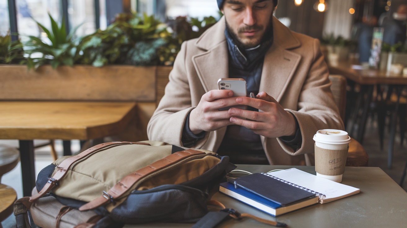 A traveler sitting in a café, using a smartphone, with a backpack and a coffee cup on the table.