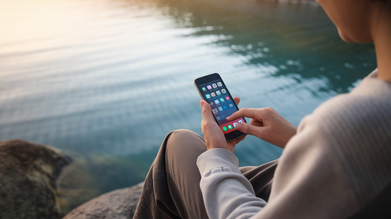 A person holding a smartphone near a serene lake surrounded by trees and mountains.