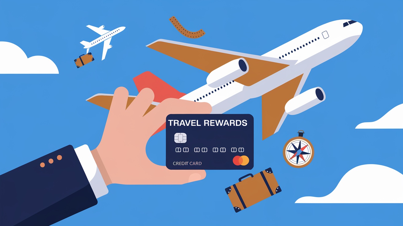 An illustration of a hand holding a travel rewards credit card with airplanes and luggage in the background.