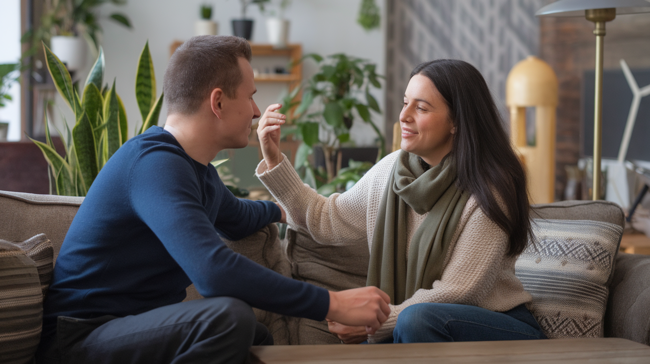 A couple sitting together on a couch, engaging in a warm conversation.