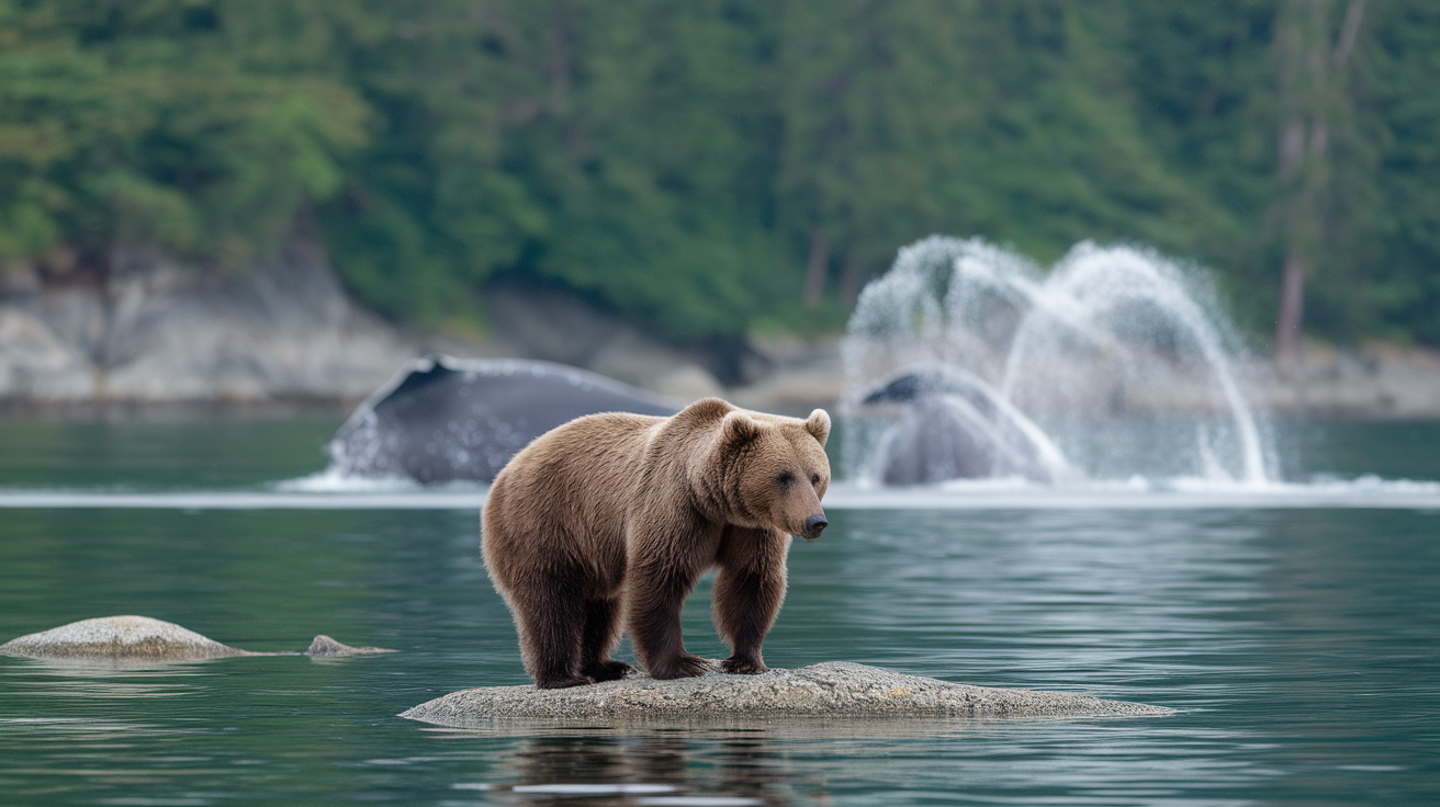 A brown bear stands on a rock in the foreground with whales spouting water in the background.