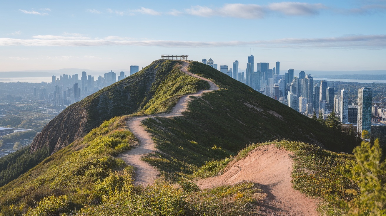 A scenic view of Vancouver's skyline from a hiking trail on a hill.