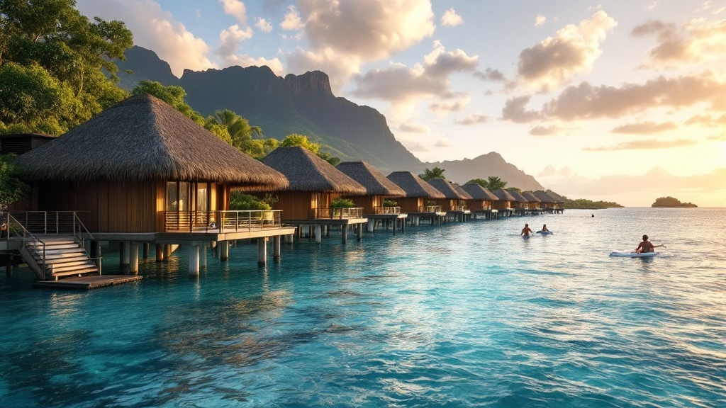 Overwater bungalows in Vanuatu with people kayaking in the foreground.