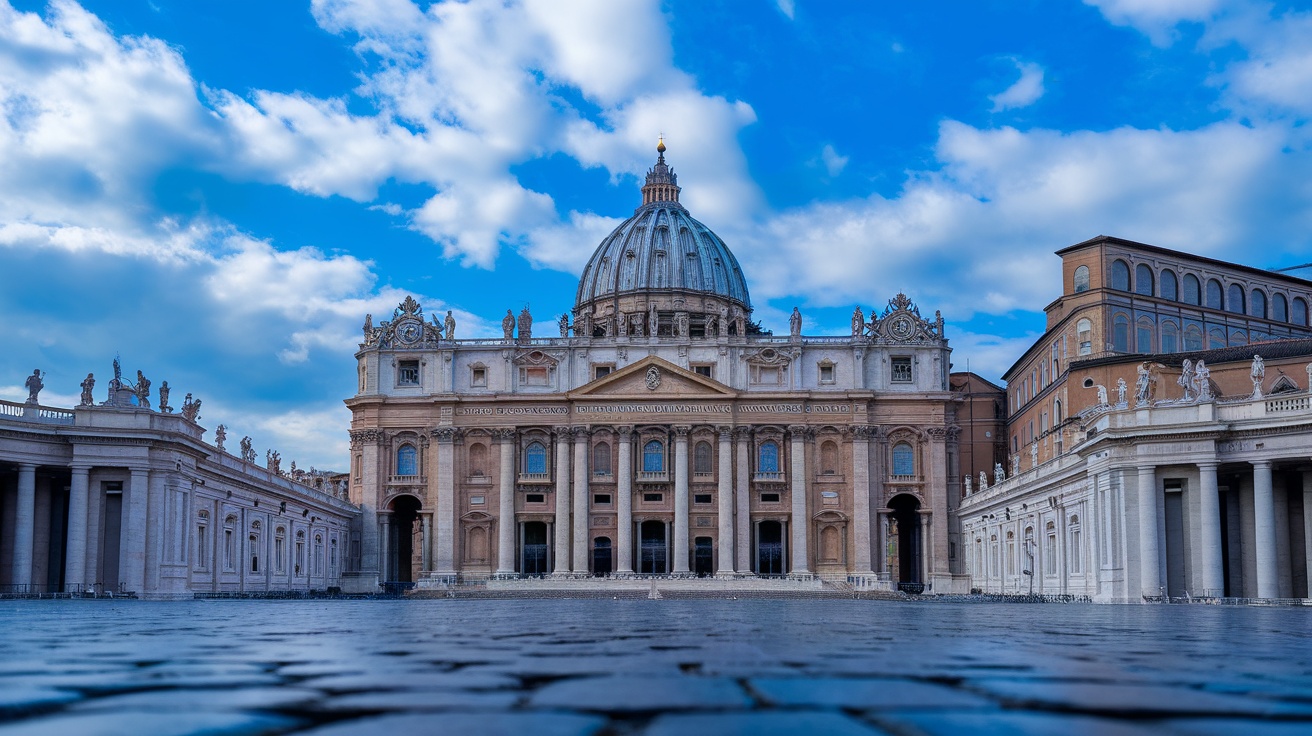 A view of St. Peter's Basilica in Vatican City under a blue sky.