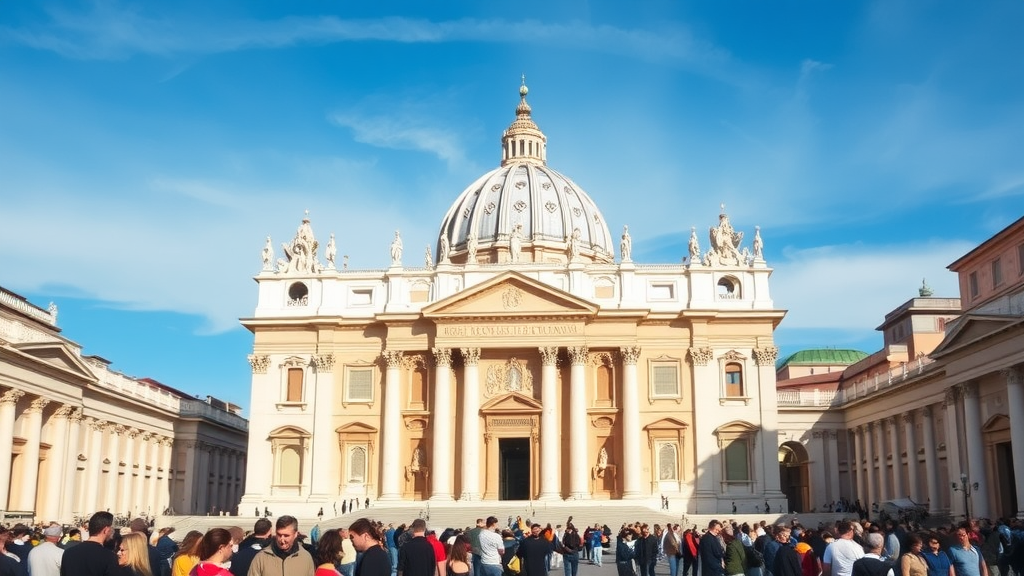 A crowded view of St. Peter's Basilica in Vatican City under a clear blue sky.