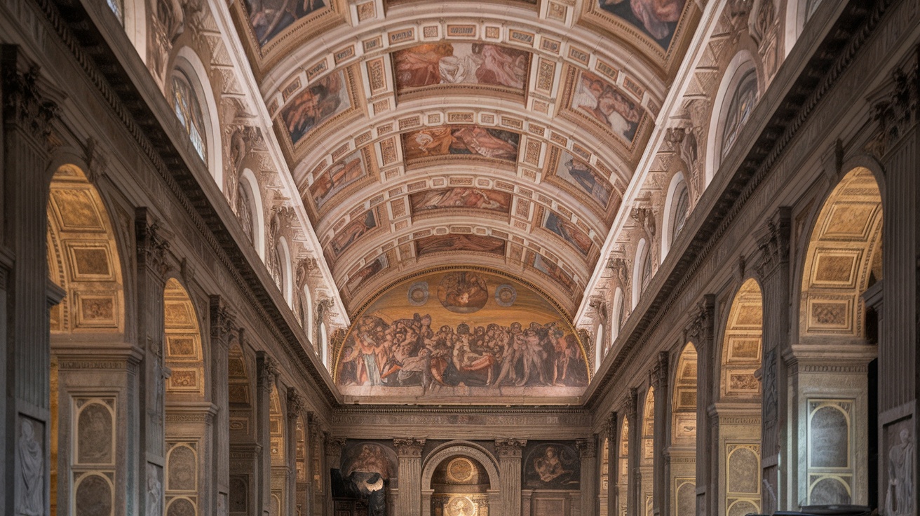 Interior of the Vatican Museums showcasing beautiful Renaissance art and architecture.