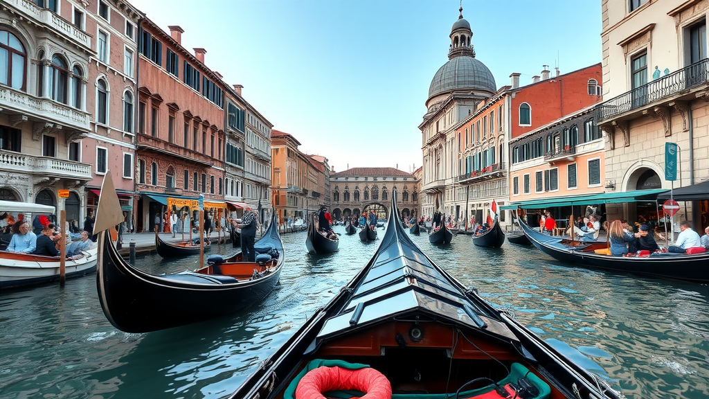 A scenic view of a canal in Venice with gondolas and colorful buildings.