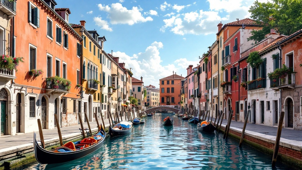 A scenic view of the canals in Venice lined with colorful buildings and gondolas.