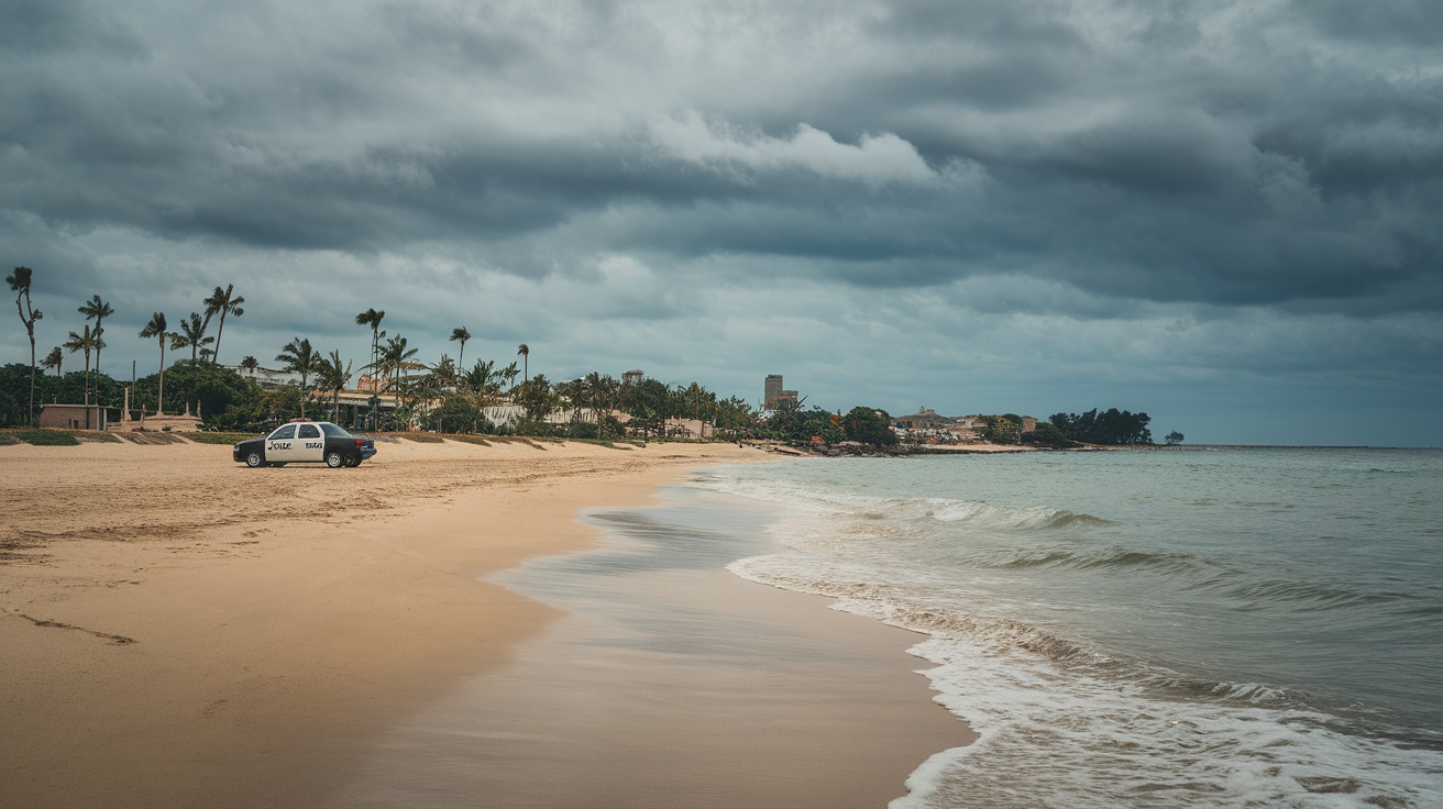 A police car parked on a sandy beach with a cloudy sky in the background.