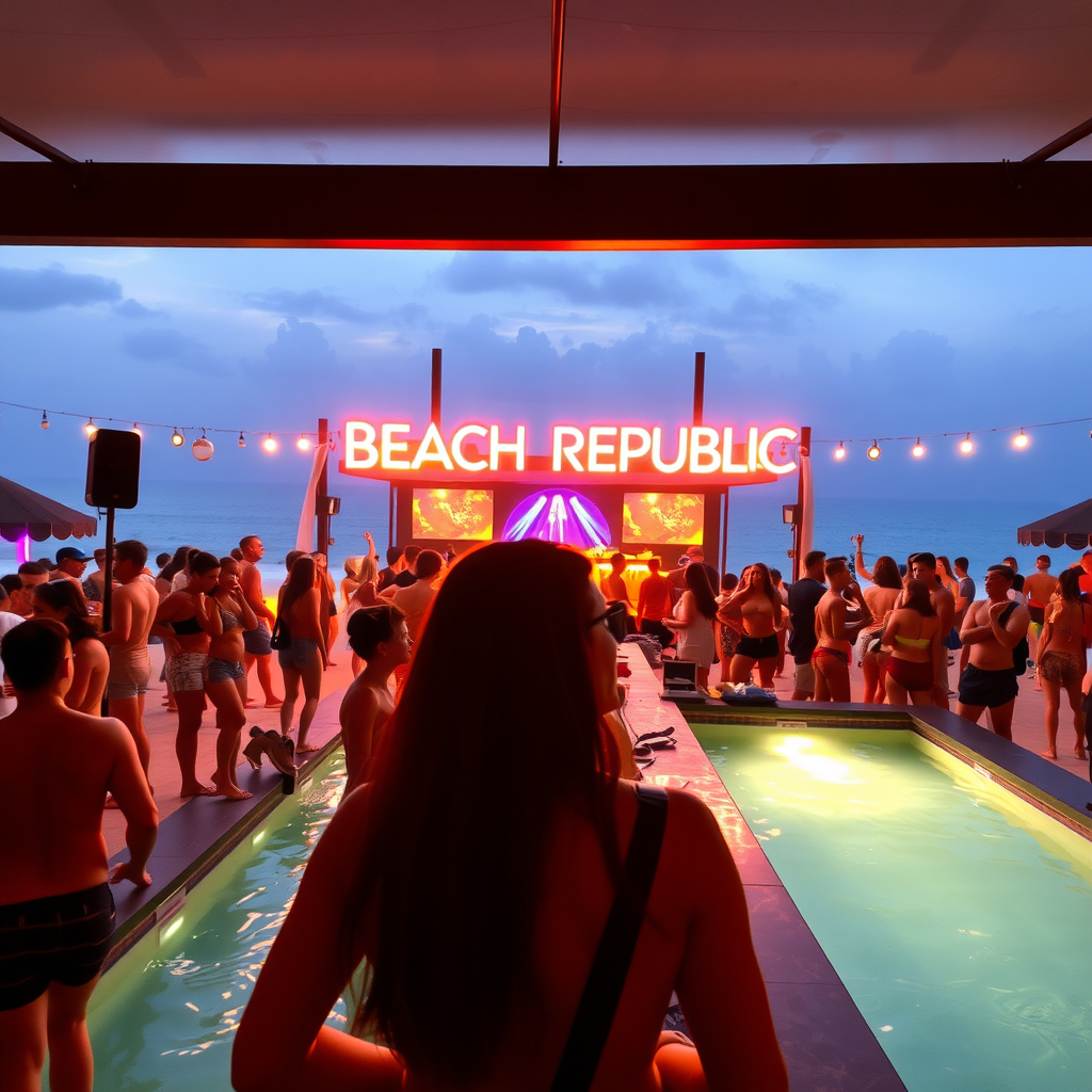 A vibrant beach scene at Beach Republic in Koh Samui with people enjoying the atmosphere.