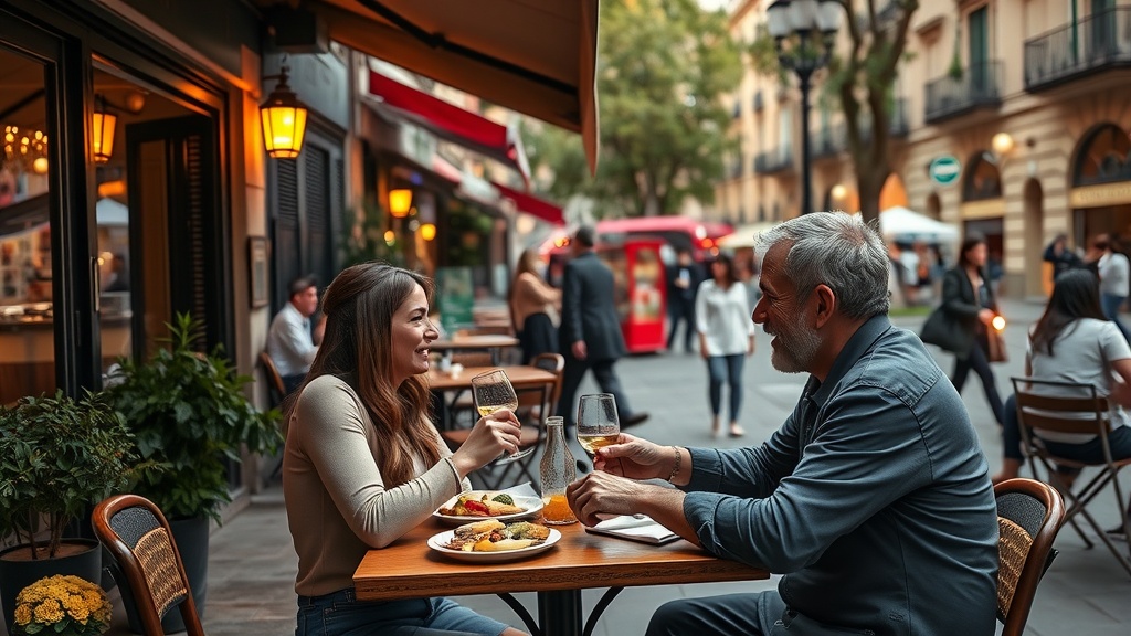 A couple enjoying a meal and drinks at an outdoor café in Barcelona.