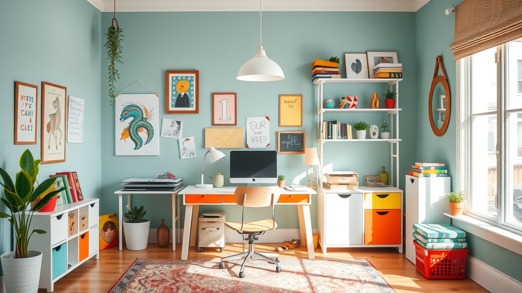 A bright and colorful home office with teal walls, orange accents, and various artworks.