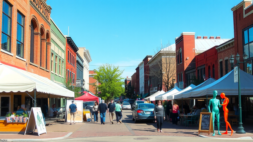 A vibrant street scene in Lawrence, Kansas with shops, cafes, and people enjoying the day.