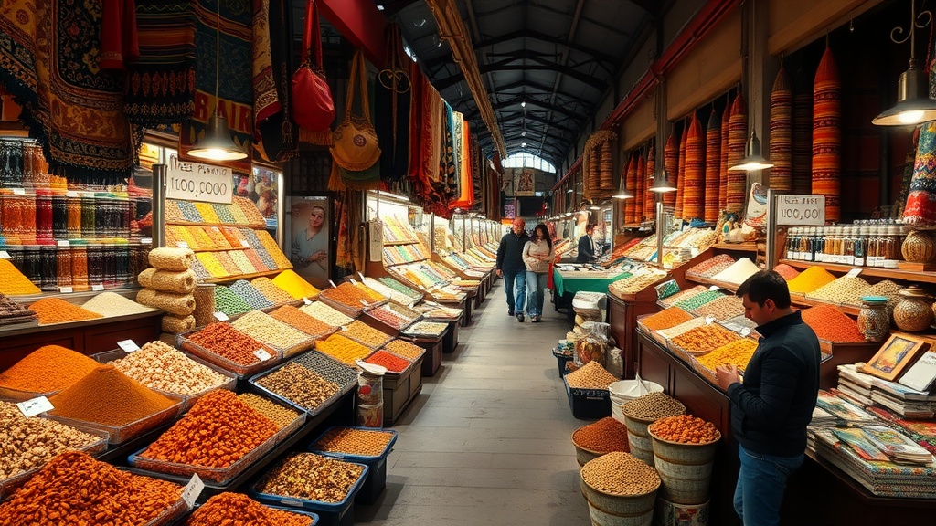 Interior view of a vibrant market in Istanbul with colorful spices and textiles.