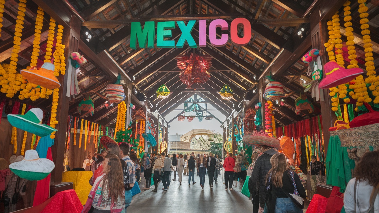 Colorful decorations in the Mexico Pavilion at Epcot, showcasing sombreros and festive flowers.