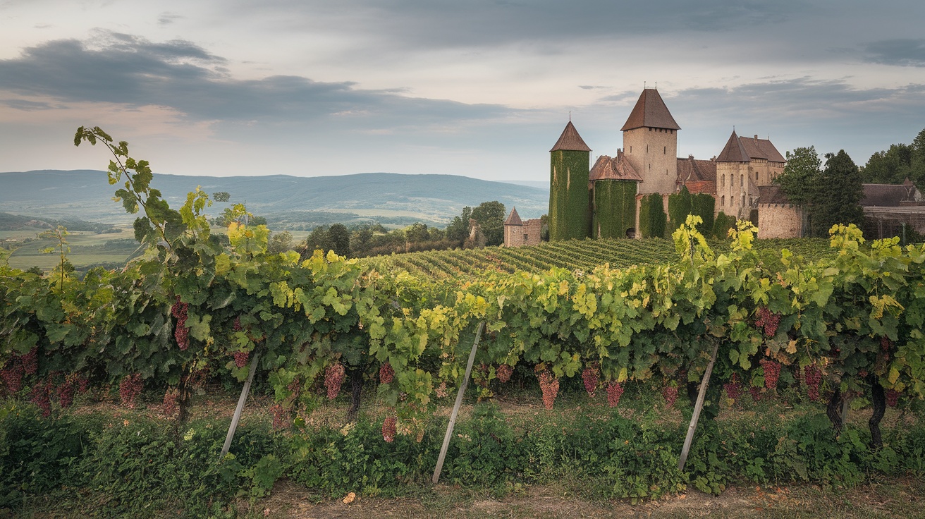 Vineyards in Transylvania with a castle in the background against a scenic landscape.