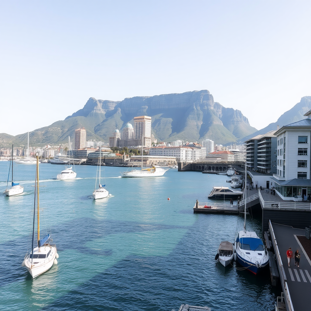 A picturesque view of the Victoria & Alfred Waterfront with boats and Table Mountain in the background.