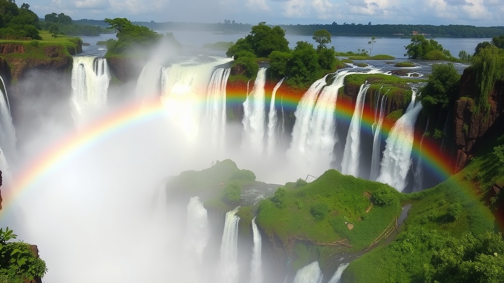 A view of Victoria Falls with a rainbow arching over the cascading water.