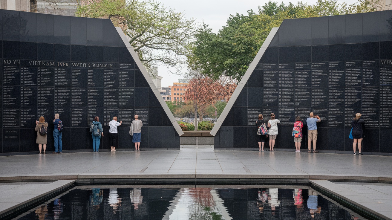 Visitors at the Vietnam Veterans Memorial Wall, reflecting on names etched in black granite.