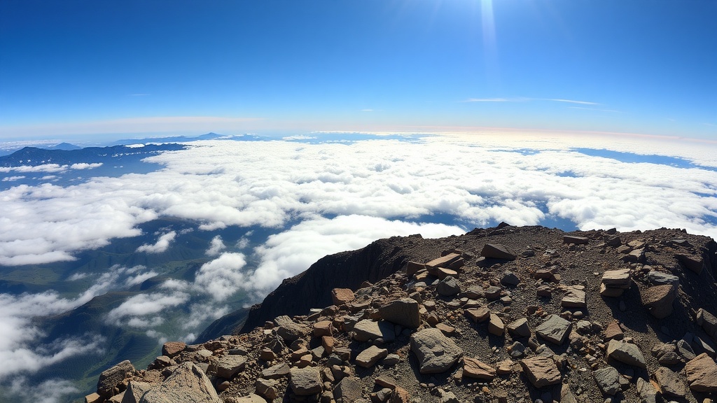 A panoramic view from the summit of Pikes Peak, showcasing clouds and distant mountains.