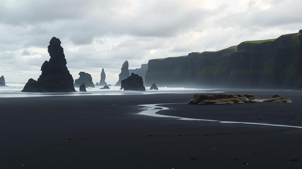 Vik's black sand beach with rock formations and cliffs in the background.