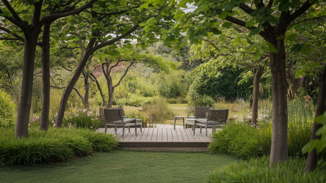 A serene garden with wooden chairs surrounded by lush greenery, perfect for relaxation.