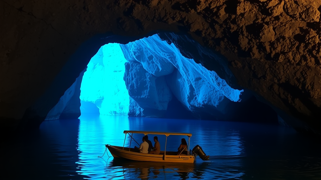 A boat inside Vis Island's Blue Cave with glowing blue water.