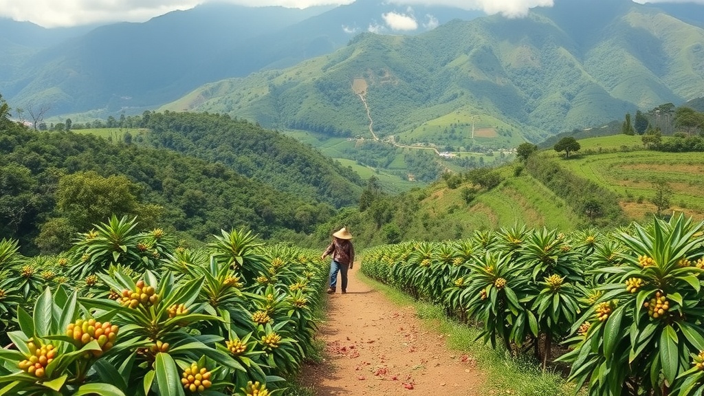 A beautiful coffee plantation in the Dominican Republic, with a person walking along a path between rows of coffee plants, set against a backdrop of mountains.