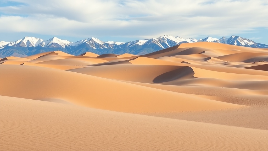 A panoramic view of the Great Sand Dunes with mountains in the background.