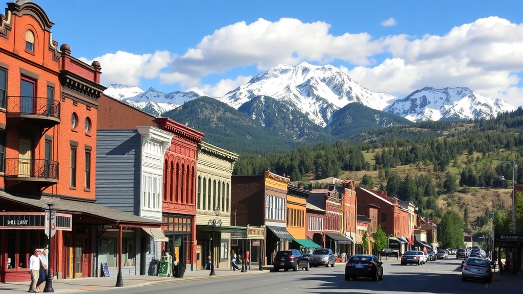 A scenic view of Leadville, Colorado, showcasing historic buildings with mountains in the background.