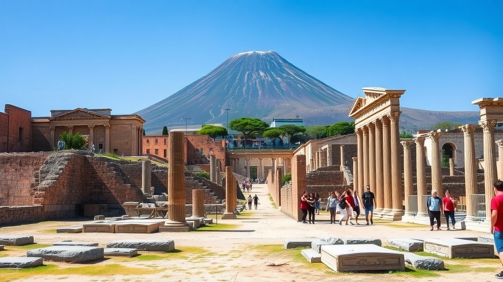 Historic ruins of Pompeii with Mount Vesuvius in the background