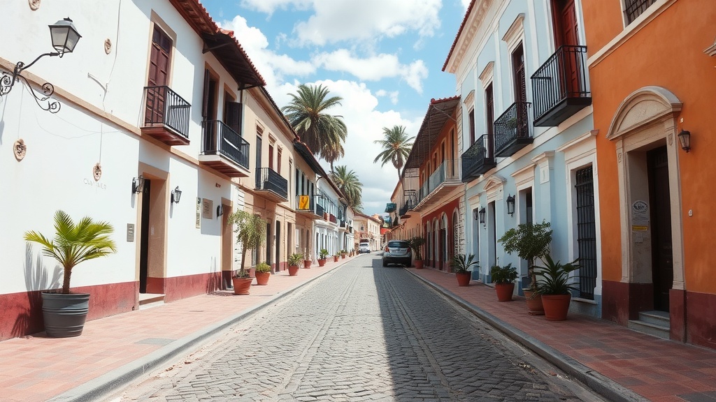 A picturesque street in the Zona Colonial, lined with colorful buildings and palm trees.