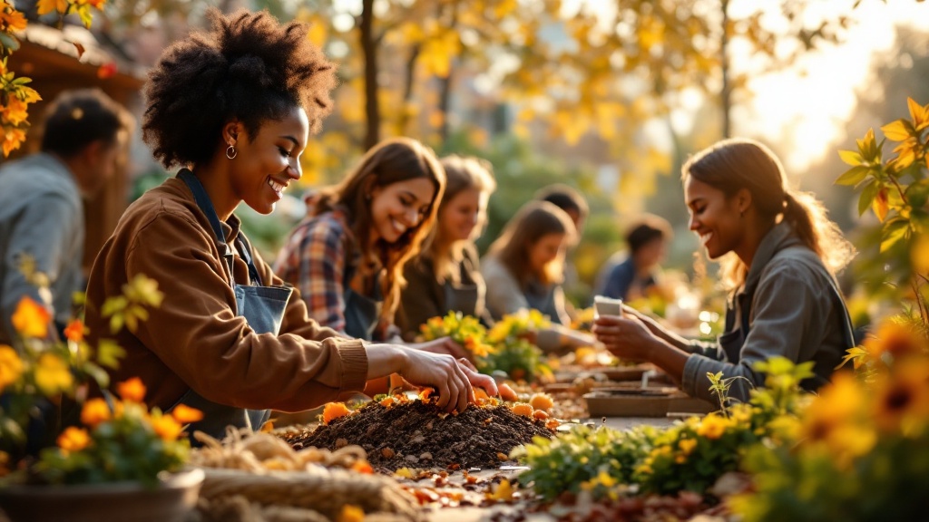 A group of people happily working together in a garden, planting flowers and enjoying the outdoors.