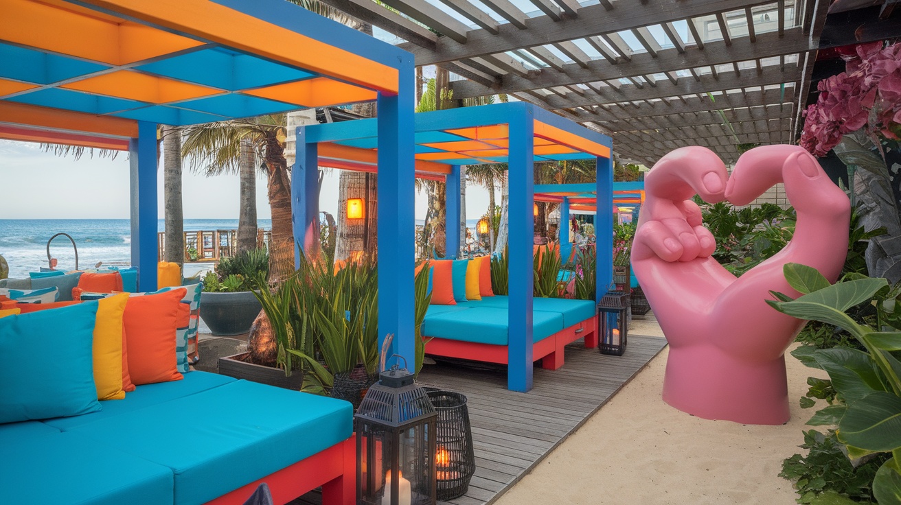 A colorful outdoor seating area at W Punta de Mita resort, showcasing bright blue and orange structures, with a large pink sculpture and view of the beach.