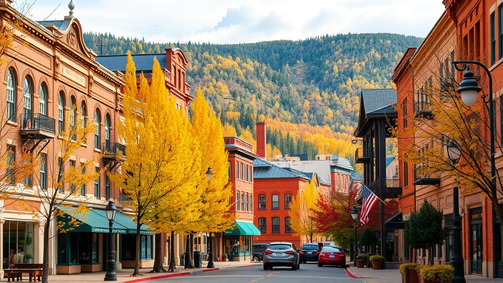 A scenic view of downtown Aspen with autumn foliage and historic buildings.