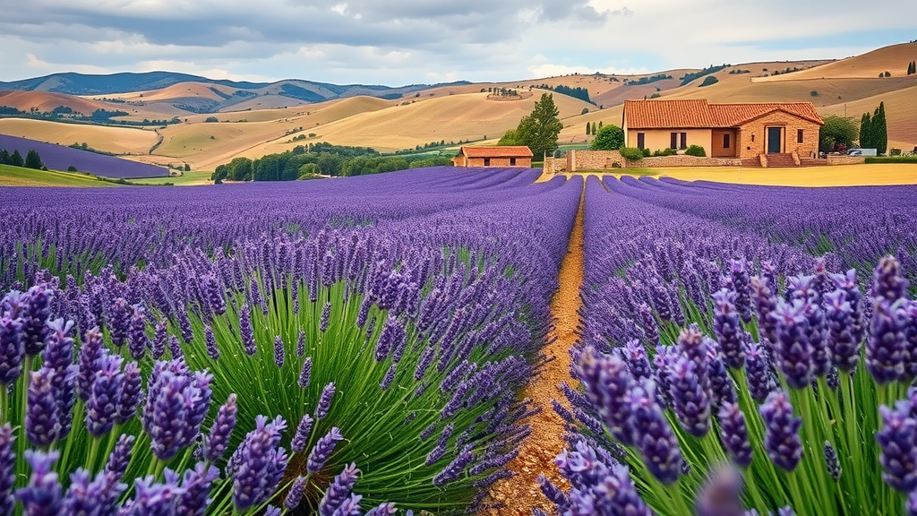 Lavender fields in Provence with a rustic house in the background and rolling hills.