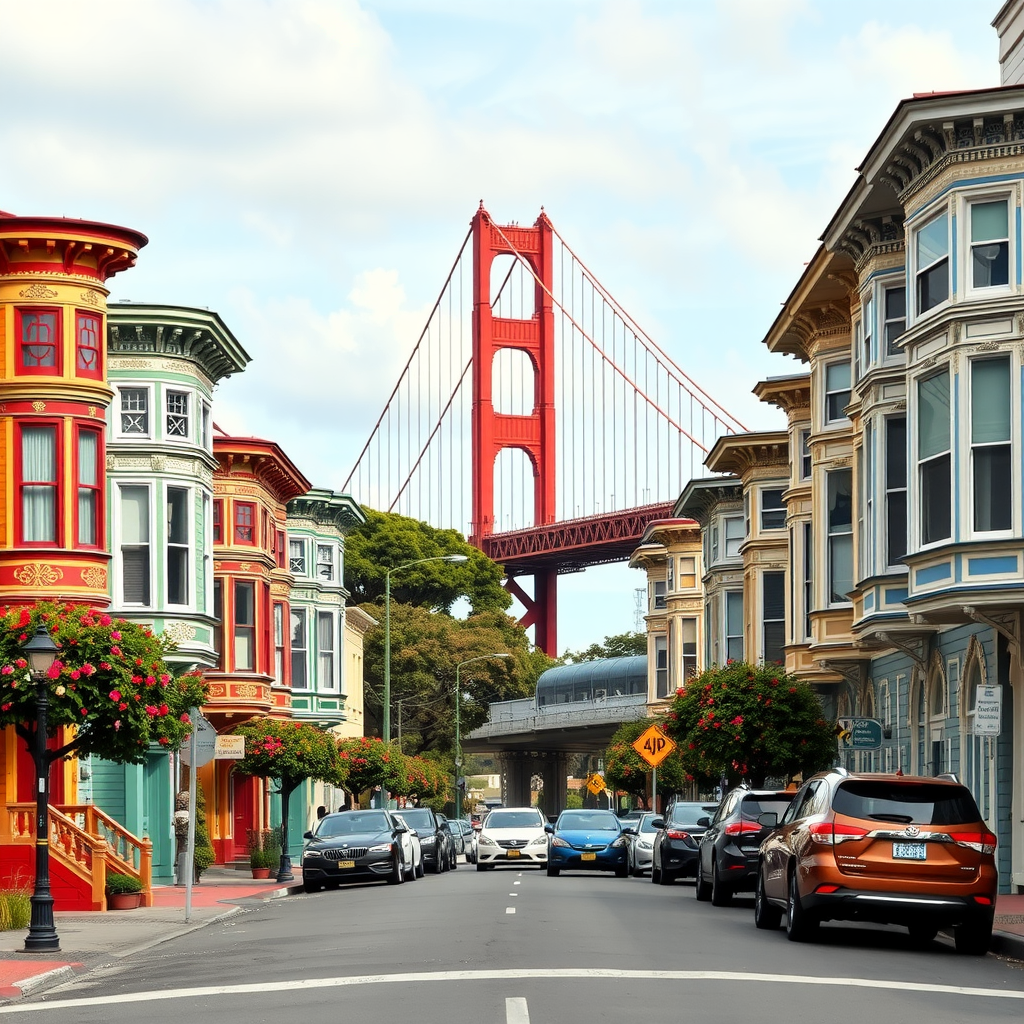 Colorful Victorian houses with the Golden Gate Bridge in the background.