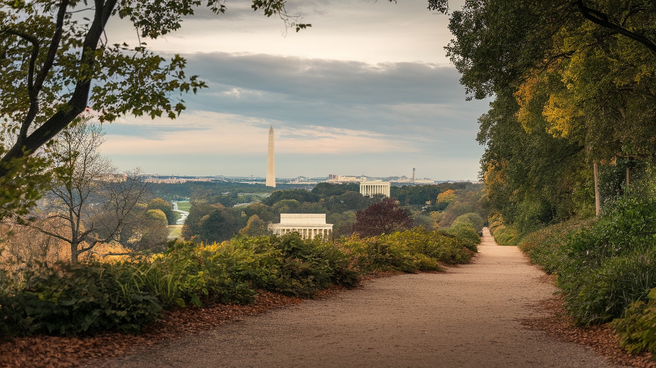 Scenic view of Washington D.C. with the Lincoln Memorial and Washington Monument visible, surrounded by nature.