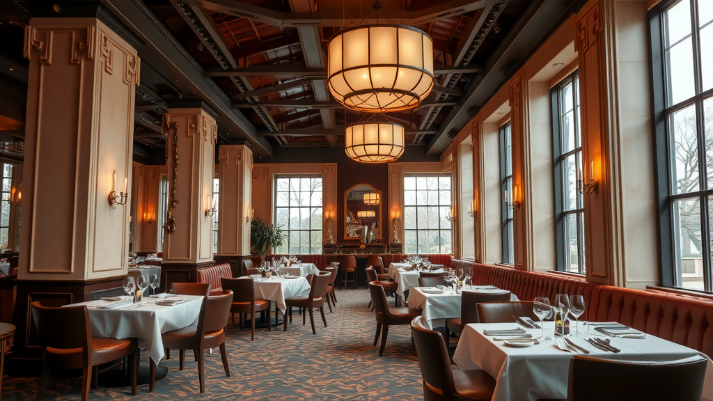 Interior of a fine dining restaurant in Washington D.C. with views of the Capitol building.