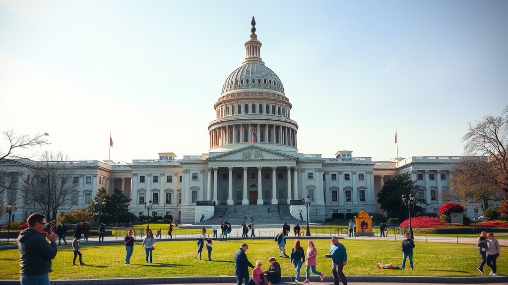 A sunny day at the U.S. Capitol building, with people enjoying the lawn and surrounding gardens.