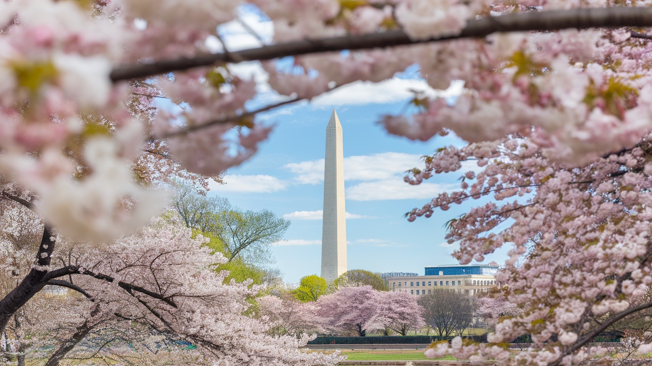 View of the Washington Monument framed by cherry blossoms