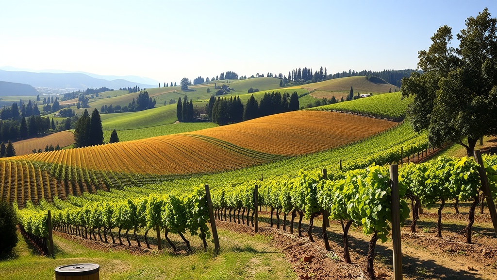 Scenic view of vineyards in Walla Walla, Washington, featuring rolling hills and lush grapevines.