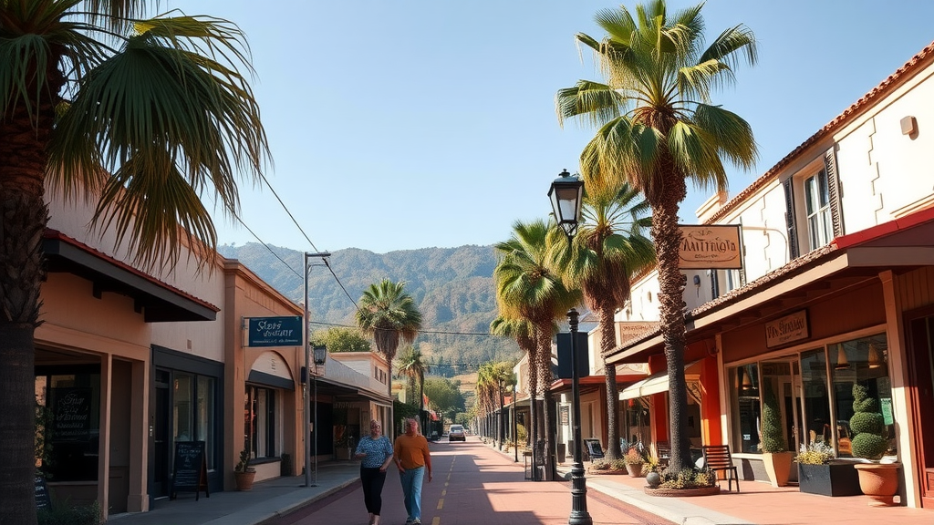 A sunny street in Ojai, California lined with palm trees and shops, with people walking.