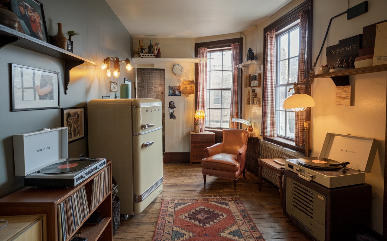 A cozy common area in The Harlem Flophouse, featuring a vintage fridge, record player, and warm lighting.