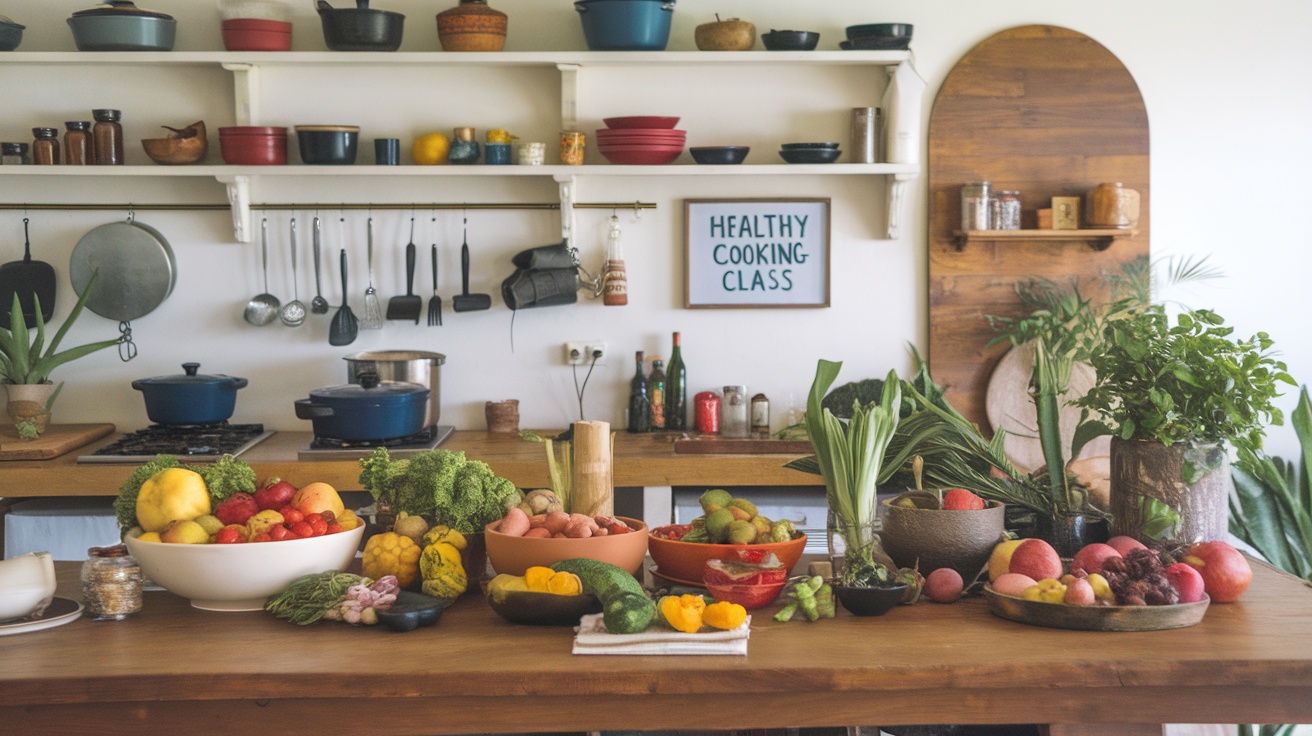 A kitchen setting with vibrant fruits and vegetables, showcasing a healthy cooking class.