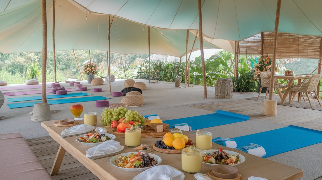 A serene wellness retreat space with yoga mats, healthy meals, and a calming atmosphere.