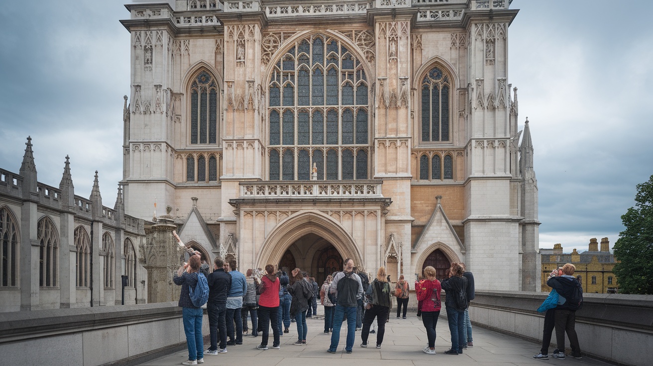 Visitors admire the impressive facade of Westminster Abbey.