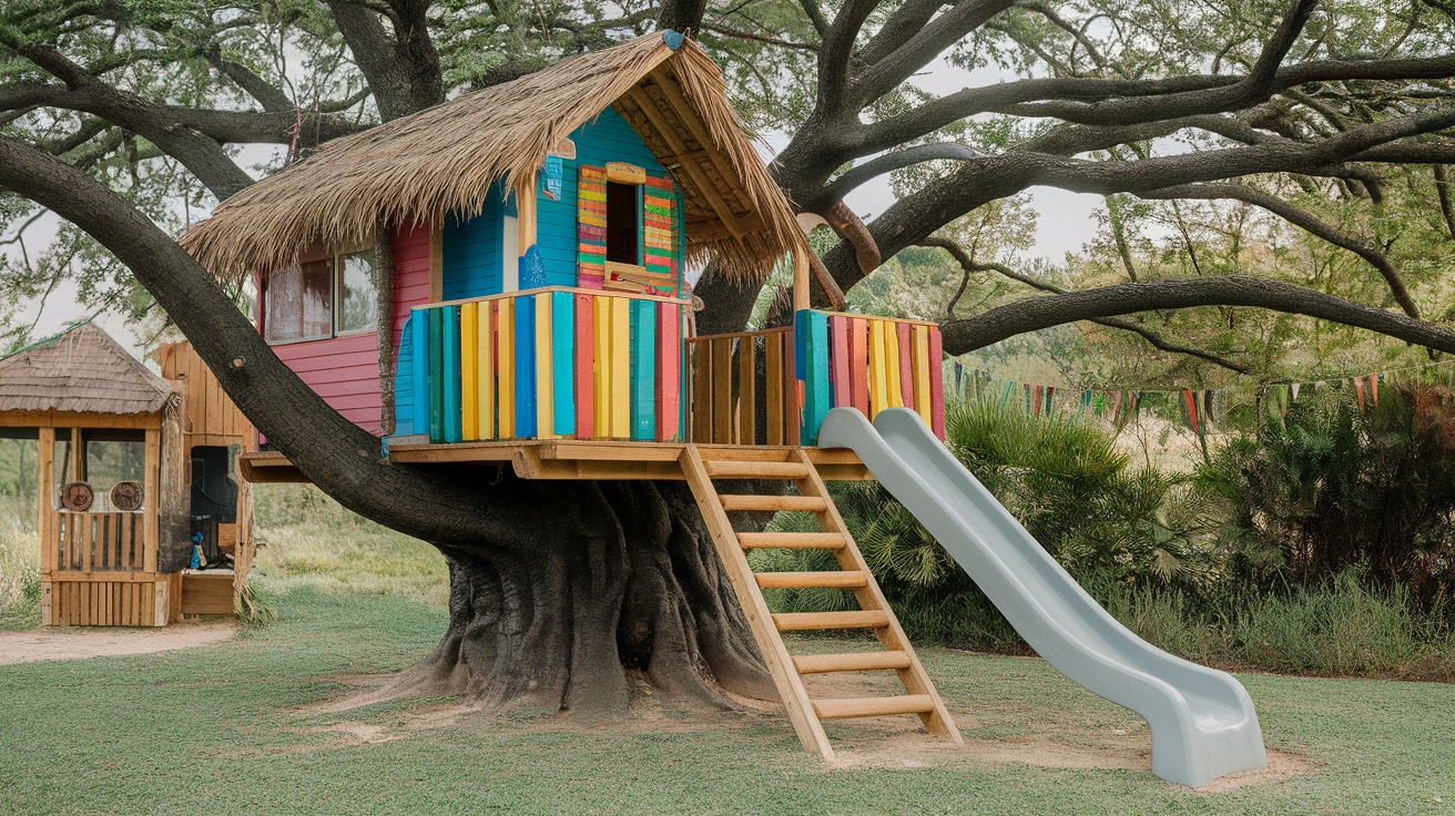 Colorful treehouse with a slide and vibrant decor